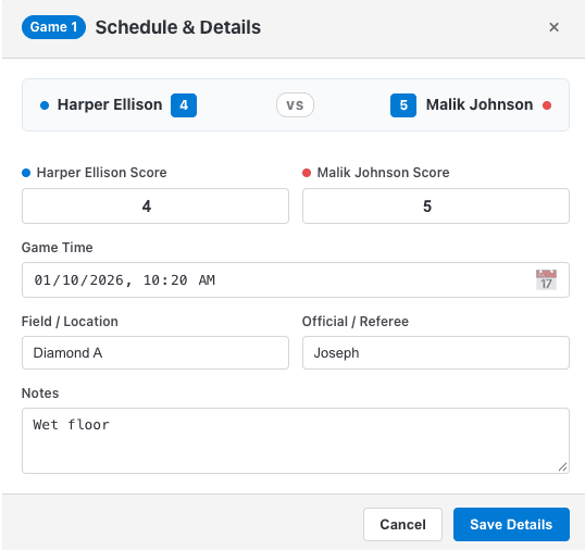 Game details dialog for score, game time, field and referee