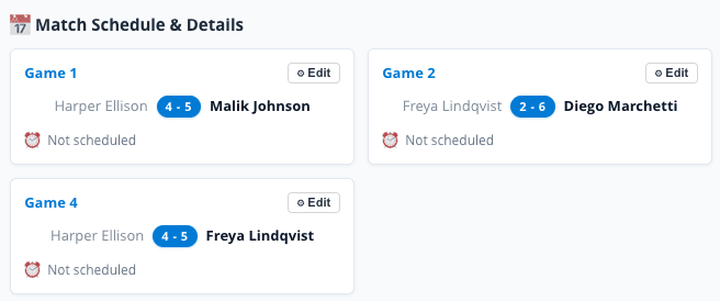 Match schedule with game results and edit actions